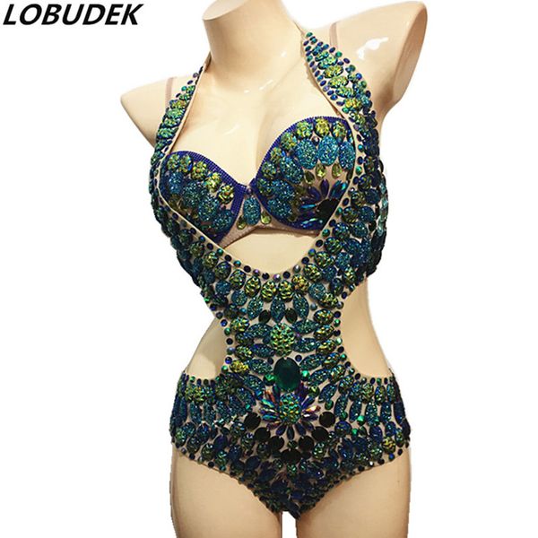

shining green crystals bra perspective bodysuit nightclub women ballroom costume bar dj singer outfit party catwalk stage wears, Black;red