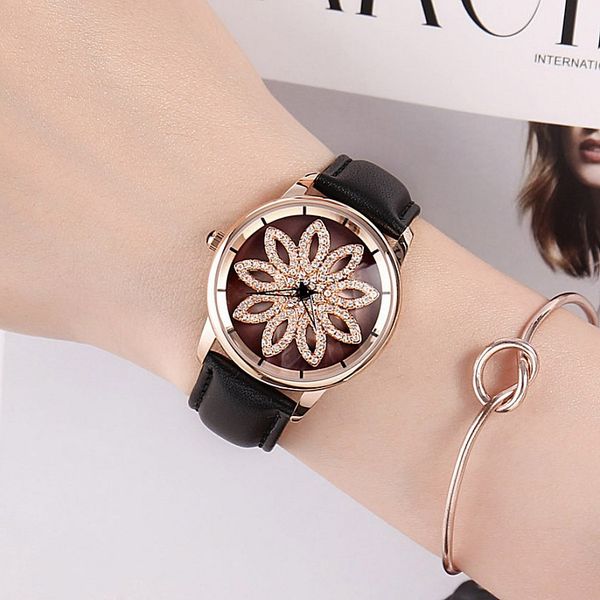 

Новый GUOU леди Кристалл вращения часы женщины роскошный кожаный ремешок платье ча