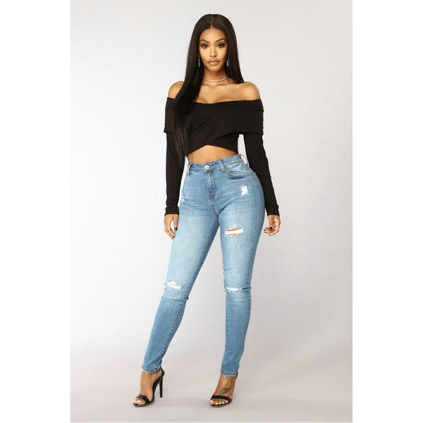 

summer new fashion small hole jeans women's elastic character, Blue