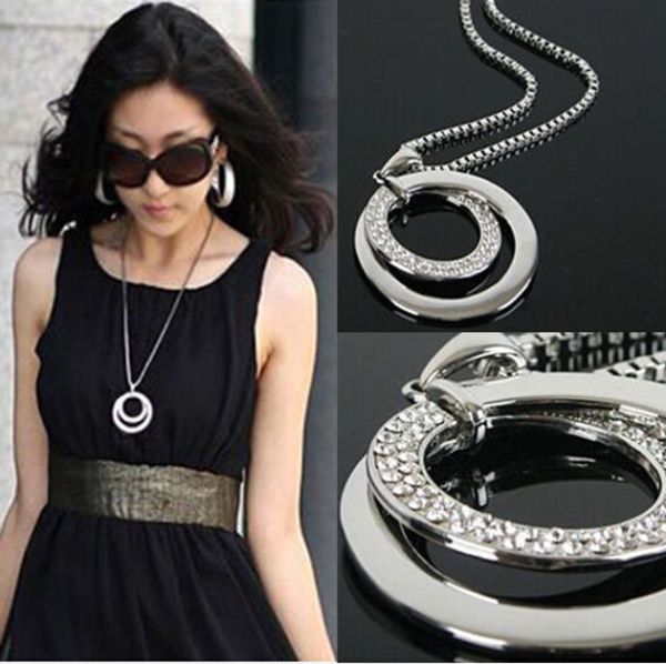 

new fashion pretty women's silver plated crystal rhinestone statement long double circle pendant charm necklace
