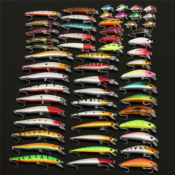 

56pc assorted mixed fishing lure set plastic hard wobbler crankbait swimbait with treble hook minnow bait carp fish spinners