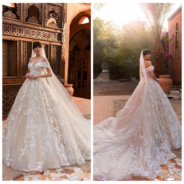 

2021 off shoulder lace appliques a-line wedding dresses customized formal full 3d flowers garden bridal gowns customized vestidos de mariage, White