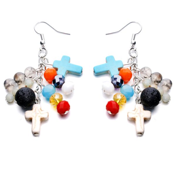 

natural stone lava stone cross dangle earrings essential oil diffuser volcanic rock earrings for women aromatherapy jewelry, Silver