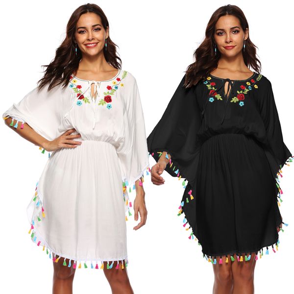 

autumn new women's flutter sleeve flower embroidery dress loose beach dress women's elegant color tassel bohemian dress white blac, Black;gray