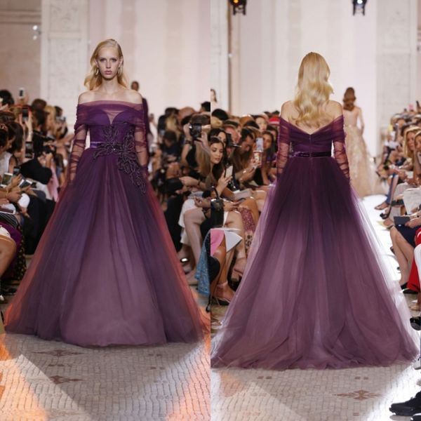 

elie saab 2019 бисером пром платья с плеча с длинным рукавом вечерние платья абая дубай кафтан аппликация формальный конкурс вечернее платье, Black