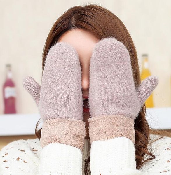 

women' winter solid color knitted gloves lady' double layer wool combine knitted mittens r057, Blue;gray