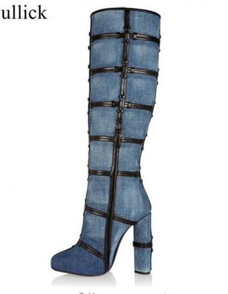 Real Photo Denim Blau Kniehohe Stiefel Sexy Chunky Heels Winter Lange Stiefel Frauen Runde Zehe High Heel Kleid Schuhe