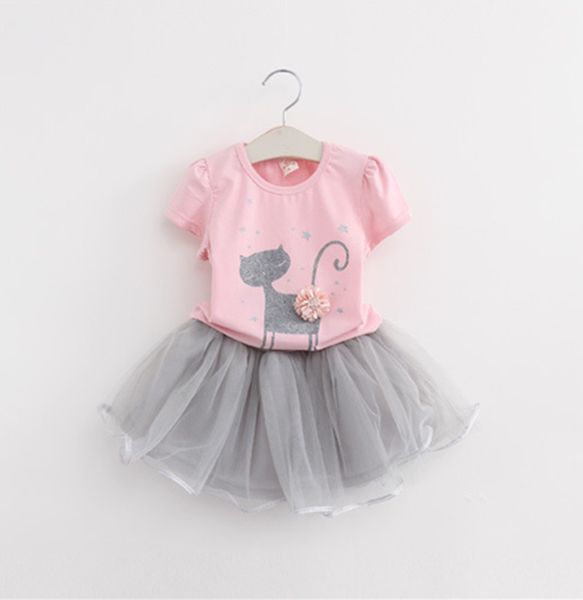 

2018 summer new baby girls clothing sets fashion style cartoon kitten printed t-shirts+net veil dress 2pcs girls clothing kids outfits, White