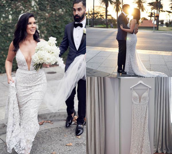 

berta mermaid wedding dresses lace appliques sequins sweep train spaghetti backless beach wedding dress custom made country bridal gown, White