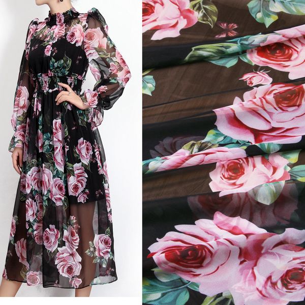 Acheter 1 Mètre Noir Couleur Rose Imprimé Mousseline De Soie Mince Tissu Tissu De Mousseline De Soie Souple Diy Vêtements Pour La Robe Robe De Plage