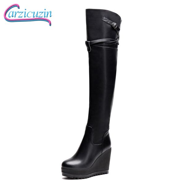 

carzicuzin women platform wedges thigh high boots genuine leather buckle zipper winter shoes women fashion punk boots size 34-39, Black
