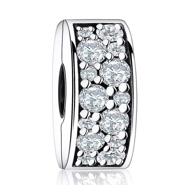 

New Shining Elegance Clip Charm Bead Fits Brand Bracelets Authentic 925 Sterling Silver Pave AAA Clear CZ Stopper Beads DIY Pandora Jewelry