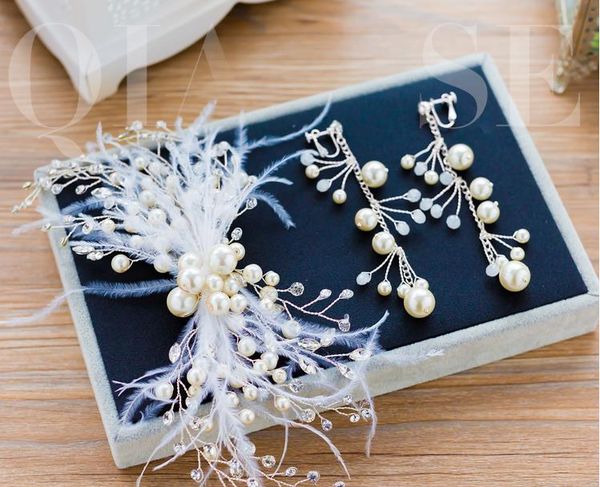 

белое перо шпилька невесты, рука длинные серьги, свадебные головные уборы, свадебные аксессуары, свадебные аксессуары, Silver