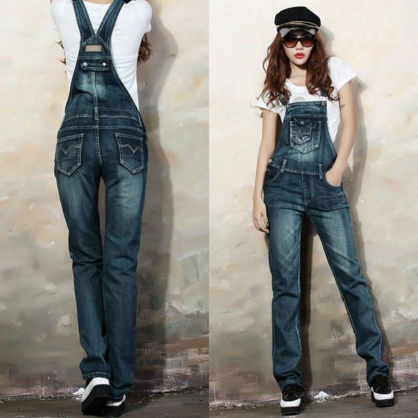 

2017 new brand 1pc fashion street denim bib women lady jeans spaghetti strap slim pants youth, Blue