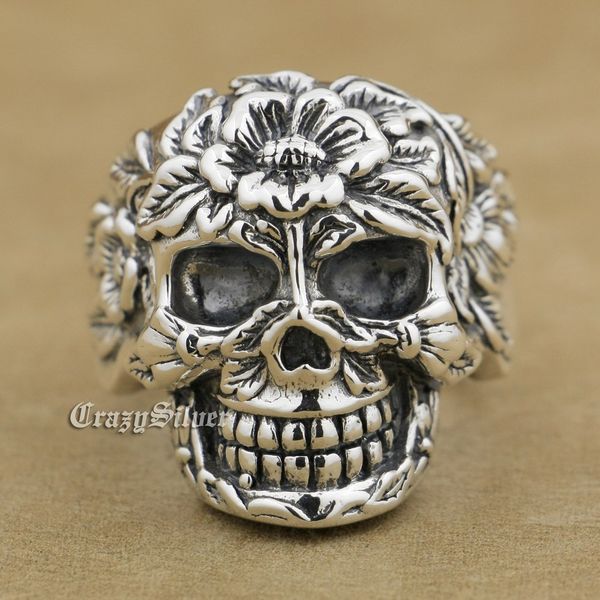 

linsion 925 sterling silver flower skull mens biker punk ring 9w005, Golden;silver