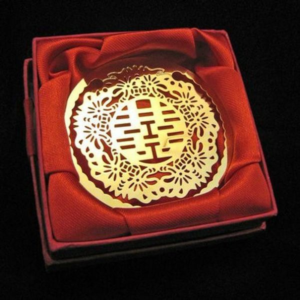 

50pcs double happiness gold bookmarks metal with gift box chinese souvenirs stationery pendant gifts party wedding favors