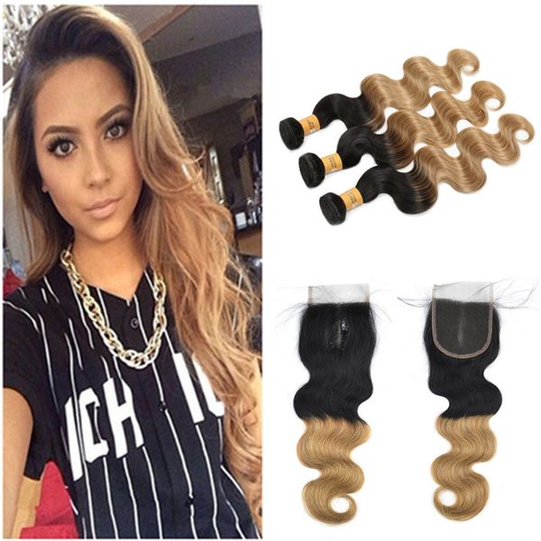 Brasileiro Extensões de Cabelo Weave Curto Remy Do Cabelo 1B Mel Loiro Ombre Onda Do Corpo Trama Do Cabelo Curto Com Fecho de Rendas 4 * 4 Branqueada nós