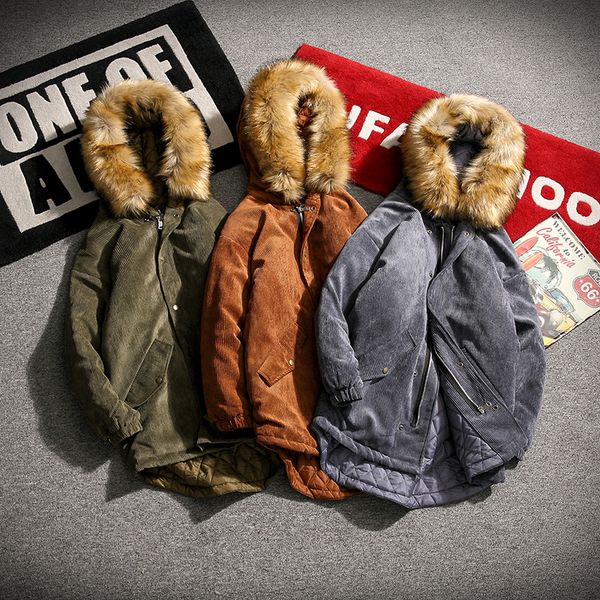 

coat men thick warm fur collar hooded corduroy long section parka man cotton clothes retro fashion new winter male outwear m-5xl, Black
