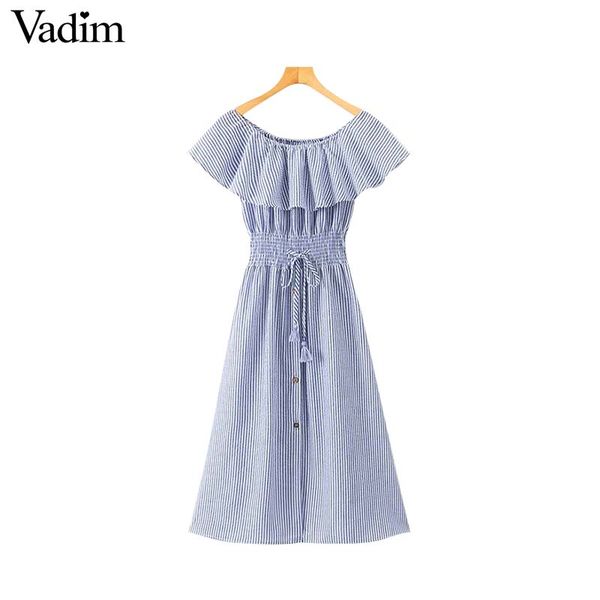 

vadim women ruffled off shoulder striped midi dress tassel tie elastic waist pleated ladies summer casual dresses vestidos qa395, Black;gray
