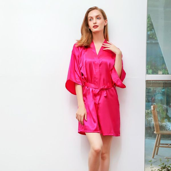 

pink lady short kimono bathrobe women satin sleepwear solid summer wedding bride bridesmaid robe lounge home wear -2xl, Black;red