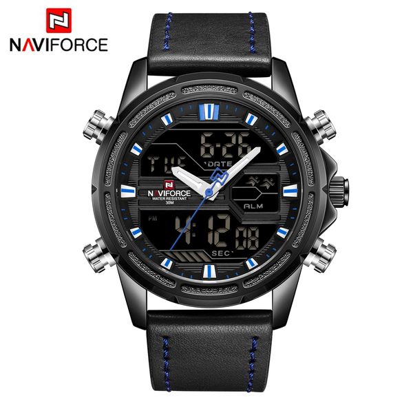 

naviforce waterproof watch men sport japanese quartz dual display man watches digital led digital analog leather wristwatches, Slivery;brown