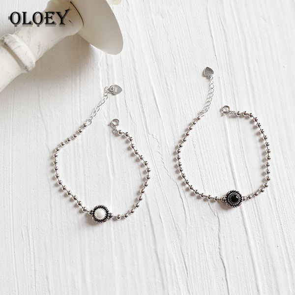 

oloey vintage beads chain bracelets real 925 sterling silver freshwater pearl and black agate bracelet for women jewelry ymb023, Golden;silver
