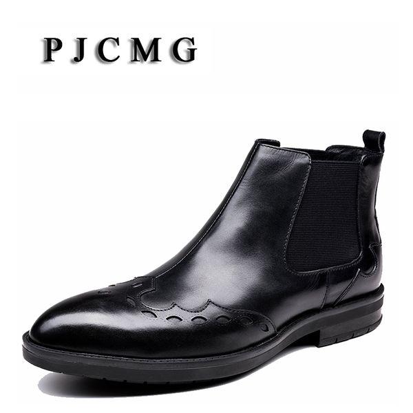 

pjcmg luxury designer spring/autumn men brogues carved genuine leather waterproof outdoor tooling ankle dress boots shoes, Black