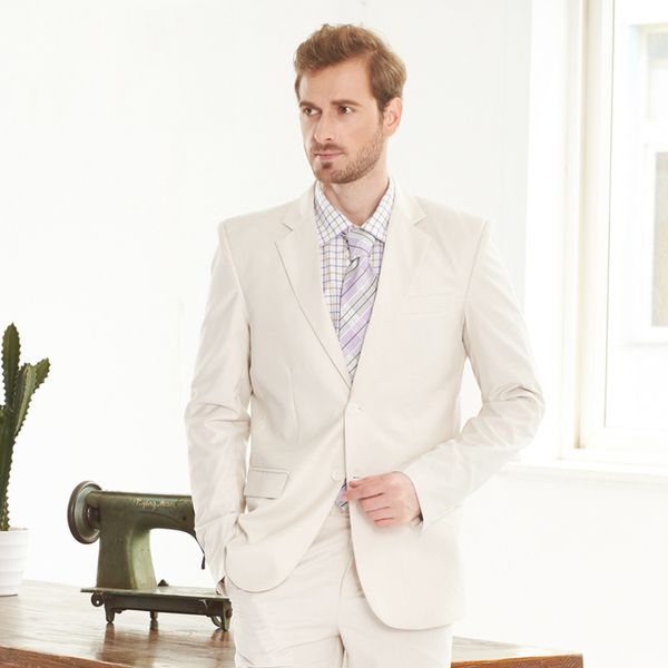 Acheter Fait Sur Mesure Costumes Beige Hommes Pour Mariage De Plage Smokings Marié Décontractée Slim Fit Best Man Blazer 2 Pièces Veste Pantalon