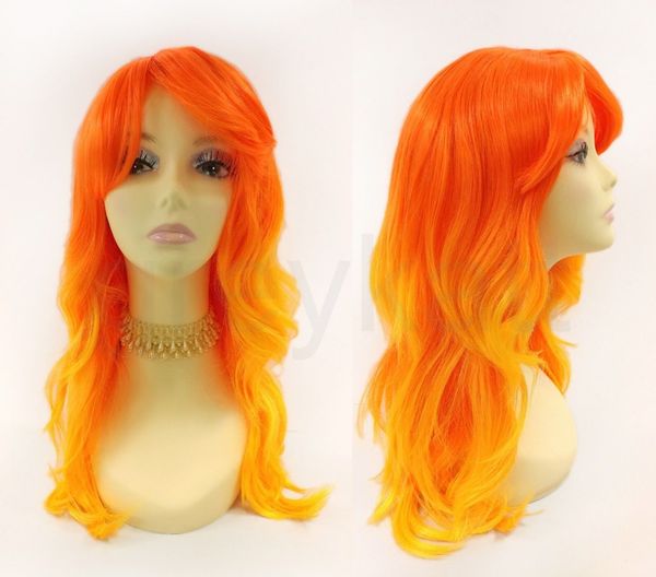 

orange w/ light orange tips long layered body wave wig with bangs 20", Black;brown