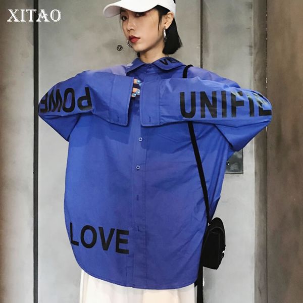 

xitao] spring 2018 new arrival turn-down collar single breasted korea female blouses full sleeve letter print shirts xww3674, White