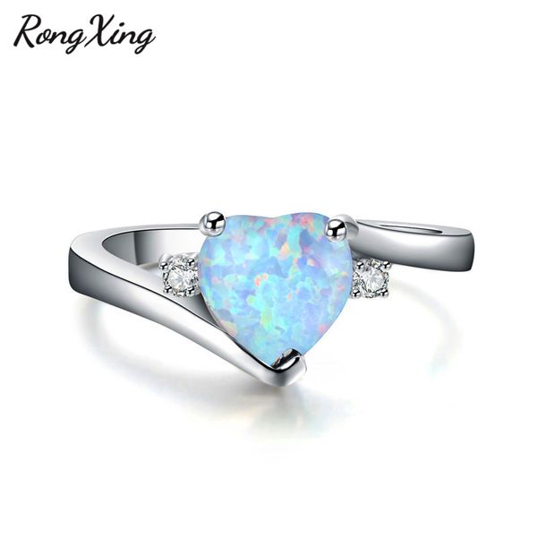 

rongxing cute heart white/blue fire opal rings for women 925 sterling silver filled birthstone ring valentine's day gifts rp0203, Golden;silver