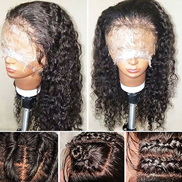 

360 lace frontal malaysian virgin human hair wig pre plucked with baby hairs bleached knots deep curly wigs, Black;brown