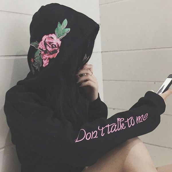 

flower rose embroidery on hooded tracksuit women hoodies for women 2018 autumn hoodies sweatshirt, Black