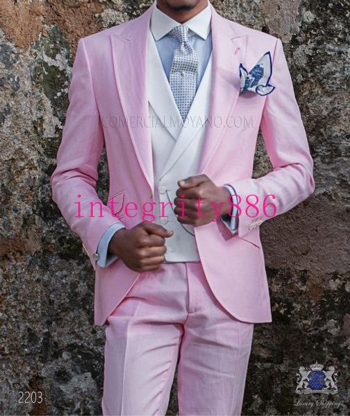 New Fashion Pink 3 Piece Suit Men Smoking da sposa Smoking da sposo bello Uomini eccellenti Business Dinner Prom Blazer (Jacket + Pants + Tie + Vest) 482