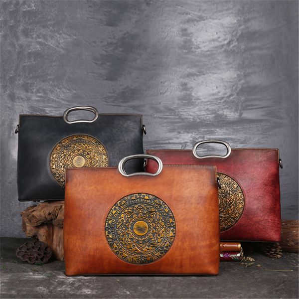 

embossed genuine leather handle bag retro handbag totem pattern natural skin women shoulder bag handle bags