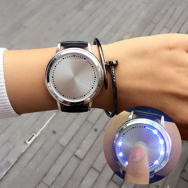 

cool led black white tree pattern touch screen steel shell watches genuine leather strap digital watch lovers' wrist watch gift, Slivery;brown