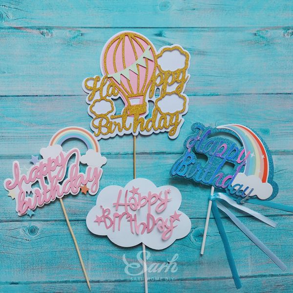 Biling Pink Blue White Hot Air Balloon Rainbow Cloud Star Ribbon