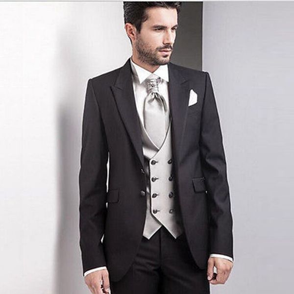 

italian peaked lapel black men suits slim fit groom wedding suits white double breasted vest pants tuxedos man blazer jacket 3 piece, Black;gray