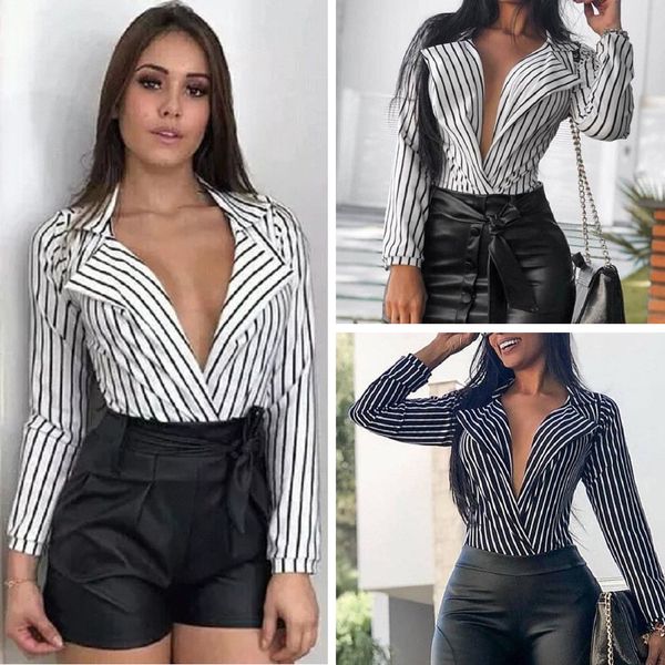 

2019 kimono harajuku newly womens tops and blouses womens long sleeves stripe shirts top deep-v neck tops blouse shirt clothes, White