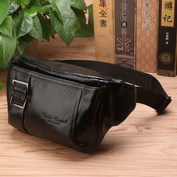 

men genuine leather waist chest bag multi-pocket shoulder bag real cowhide purse pouch male fashion hip bum belt fanny pack