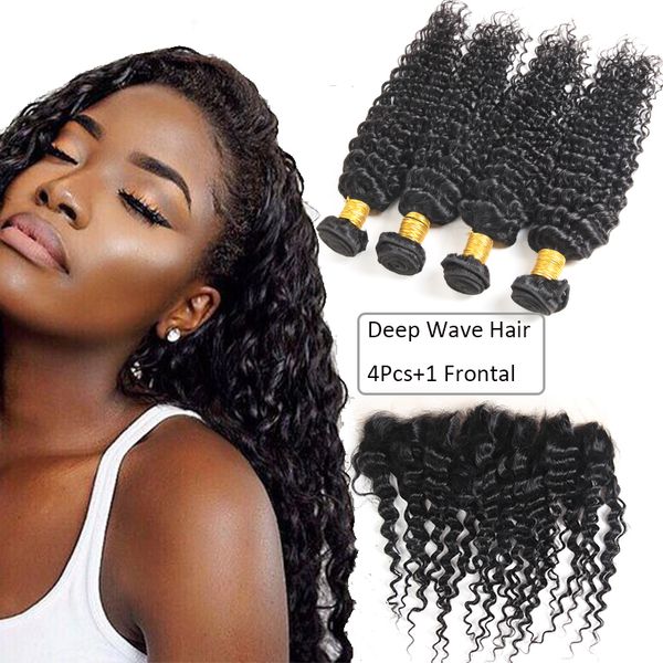

brazilian human virgin deep wave hair 4 bundles with 13x4 lace frontal closure unprocessed peruvian malaysian brazilian virgin hair weave, Black;brown