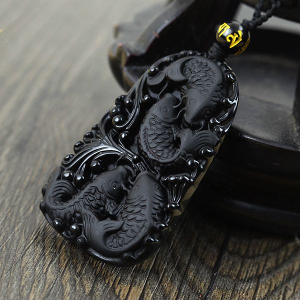 

natural black obsidian pendant necklace jewelry hand-carved fish ,fine gemstone jewelry for woman&man gifts drop shipping, Silver