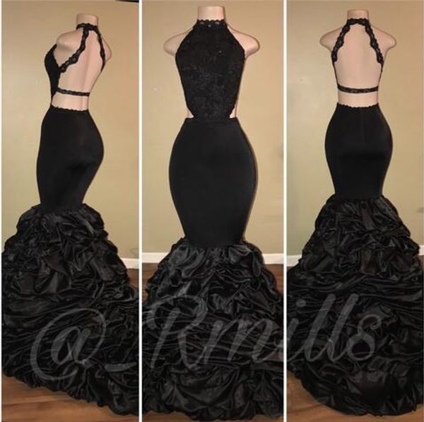 

mermaid long prom dresses 2018 african black girl lace appliqued open back sequins ruffled sweep train evening party gowns