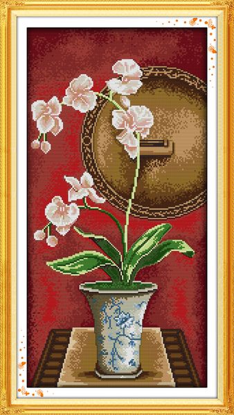 Motten-Orchideen-Blumen-Vasen-Malerei, Heimdekor-Gemälde, handgefertigte Kreuzstich-Stickerei-Nadelarbeitssets, gezählter Druck auf Leinwand DMC 14CT/11CT