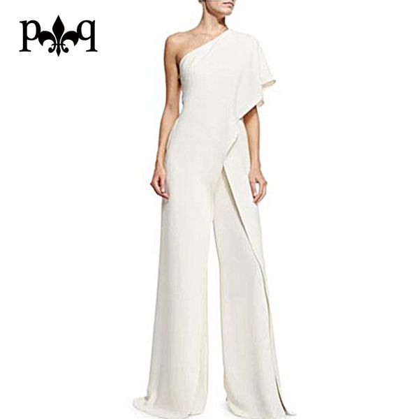 

wholesale-hilove women summer jumpsuit 2017 new fashion one shoulder white jumpsuits elegant ladies wide leg pants casual women overalls, Black;white
