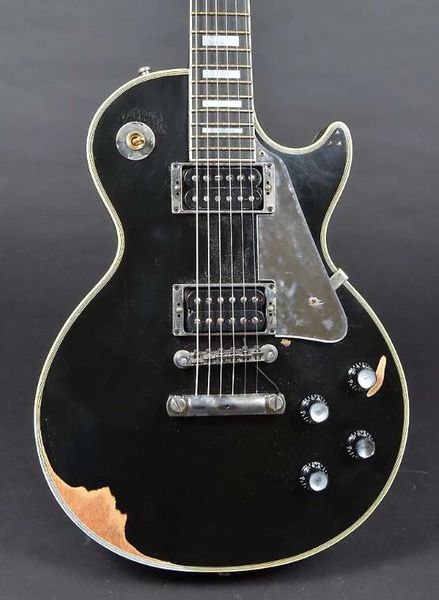 

custom aged john sykes owned by jon schaffer of iced earth relic black electric guitar mirror pickguard, ebony fretboard, exposed humbucker
