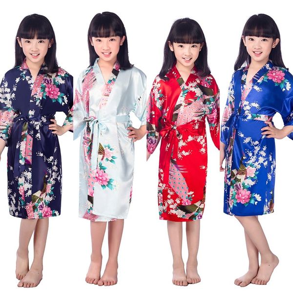 Flor de seda meninas vestido crianças kimono robe crianças nightwear cetim vestido casamento