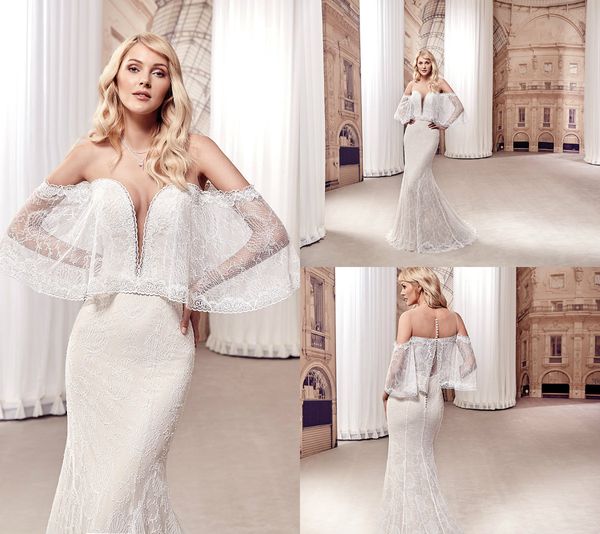 

2019 eddy k mermaid wedding dresses with wrap sheer jewel neck lace appliques boho bridal gowns sweep train plus size wedding dress garden, White