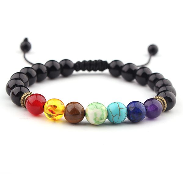 Bracciale in pietra naturale da 8 mm Braccialetti con ciondoli 7 Chakra Perline multicolori Bracciale con onde di pietre laviche Donna Uomo Braccialetti Yoga