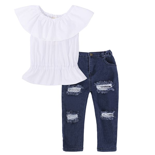 

2pcs Toddler Baby Girls Off Shoulder T-shirt Tops+Hole Denim Jeans Pants Clothing Sets Kids Clothes set Outfits